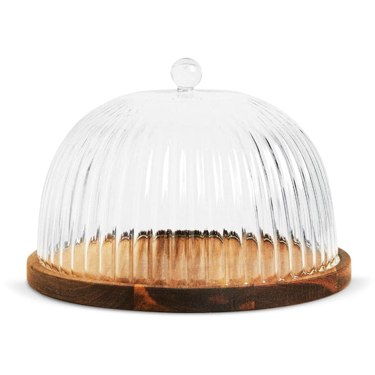 Acaciahouten serveerschaal Linea met glazen deksel – 22 cm