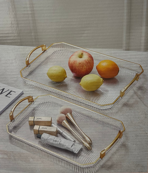 3-Delige Dienbladenset Rechthoekig – Acrylic Plastic met Gouden Details en Handvat – detailfoto 2