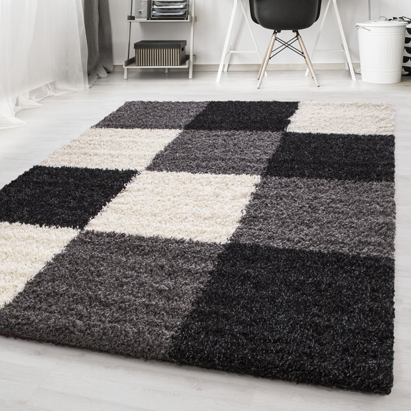Vloerkleed LIFE SHAGGY – Geblokt Design Zwart/Wit/Grijs