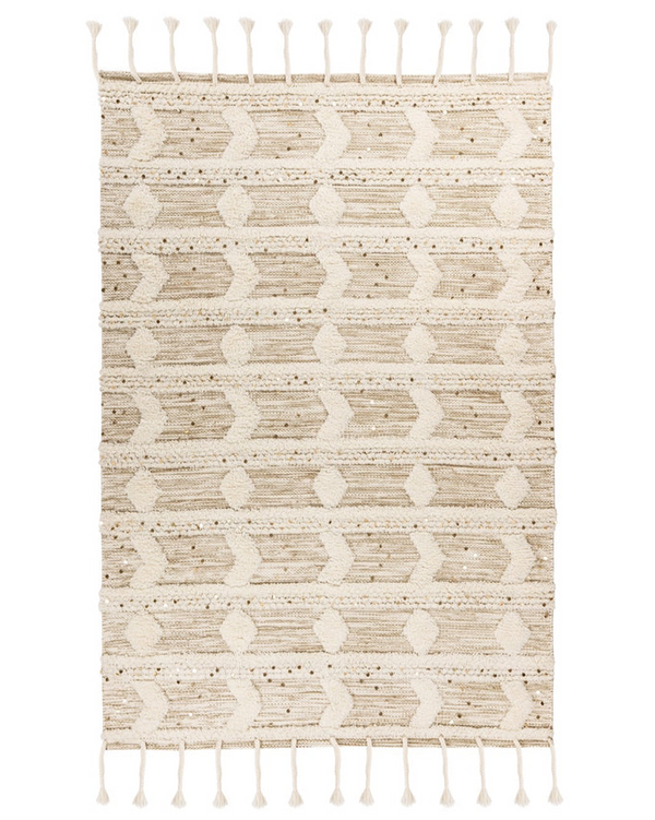 Handgemaakt wollen vloerkleed in Boho-stijl (Crème/Khaki, 80 × 150 cm)