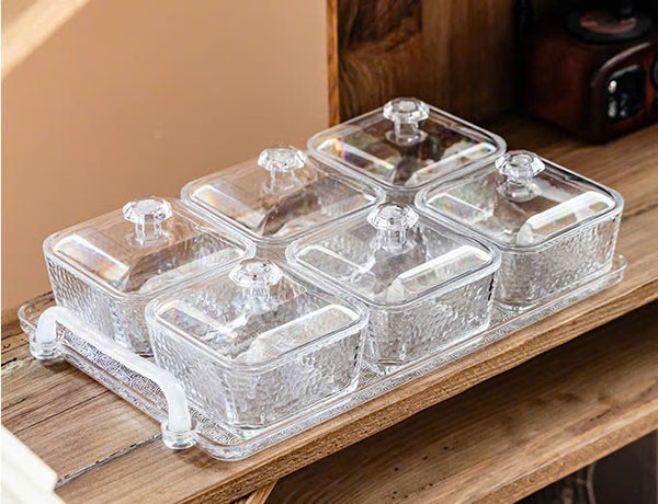 Glazen Schaaltjes op Dienblad – Set van 6 met Plastic Deksel