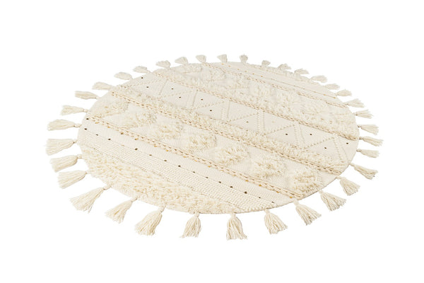 Handgemaakt Rond Boho Vloerkleed – Ø160 cm – Crème – Wol & Katoen – Met Pailletten