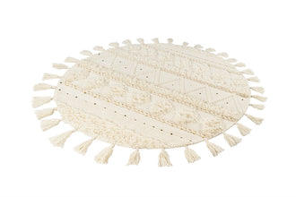 Handgemaakt Rond Boho Vloerkleed – Ø160 cm – Crème – Wol & Katoen – Met Pailletten