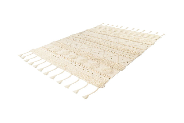 Boho Vloerkleed 160 x 230 cm – Handgemaakt – Crème – Wol & Katoen – Met Gouden Pailletten