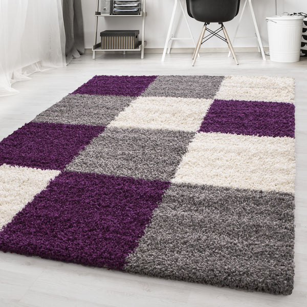 Vloerkleed LIFE SHAGGY – Geblokt Design Paars/Grijs/Wit