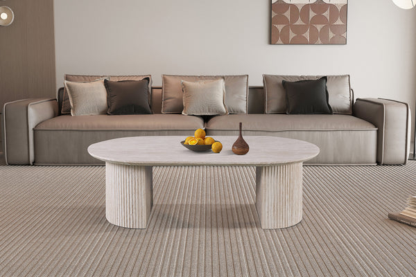 Salontafel Lagos 120 cm ovaal travertin look beige – moderne design koffietafel