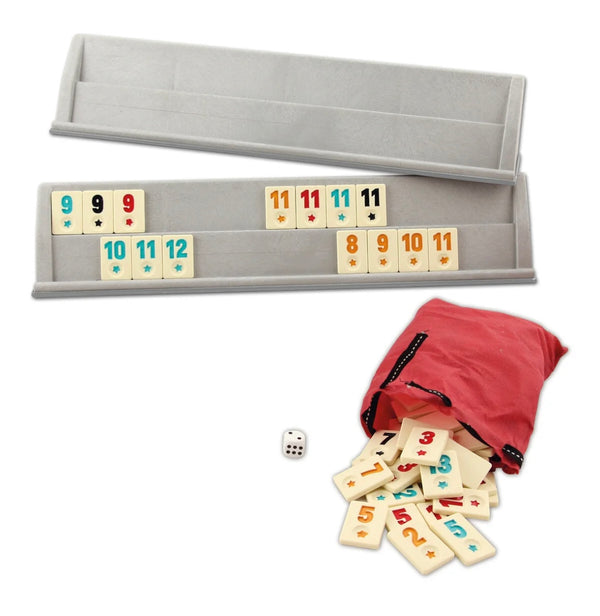 Plastic Rummikub/Okey speelset – compleet met 4 borden, stenen en dobbelsteen