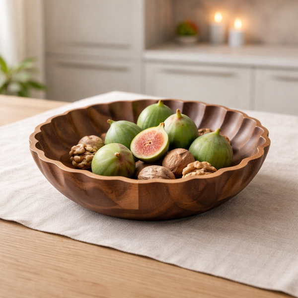 Acaciahouten schaal Ø20x4 cm op tafel als houten serveerschaal voor snacks en hapjes