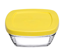 Pasabahce Pudding glazen vershoudkommetjes vierkant – set van 4 stuks met gekleurde deksel 310 ml