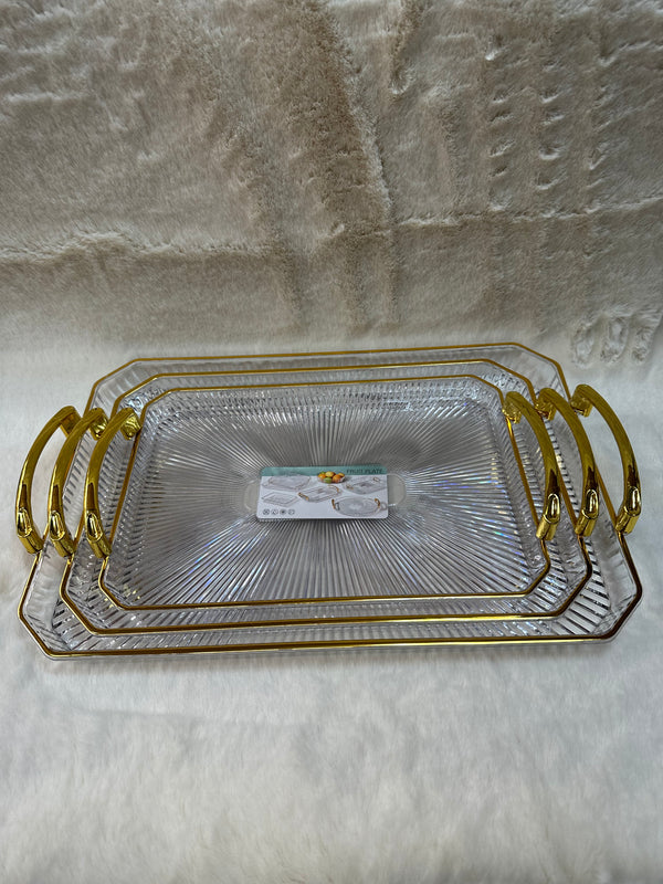 3-Delige Dienbladenset Rechthoekig – Acrylic Plastic met Gouden Details en Handvat