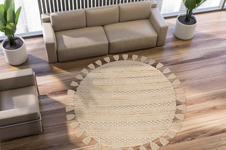 Handgemaakt rond wollen vloerkleed in Boho-stijl (Natural, Ø 160 cm)