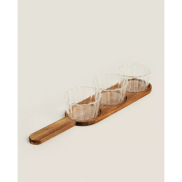 Set van 3 Linea borosilicaatglazen kommen met acacia dienblad – 42 cm