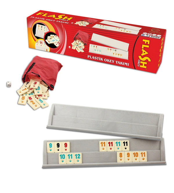 Plastic Rummikub/Okey speelset – compleet met 4 borden, stenen en dobbelsteen