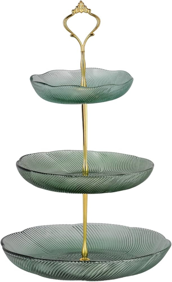 Luxe 3-laags Etagère – Groen Glas met Gouden Accenten | 35 cm Hoog – detailfoto 2