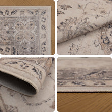 Collage met hoek, gevouwen rand, onderkant en laag profiel van het beige vloerkleed