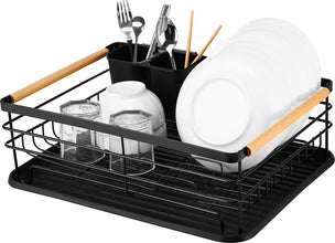 Afdruiprek – Zwart Metaal met Houten Handvatten – 42×32×15 cm