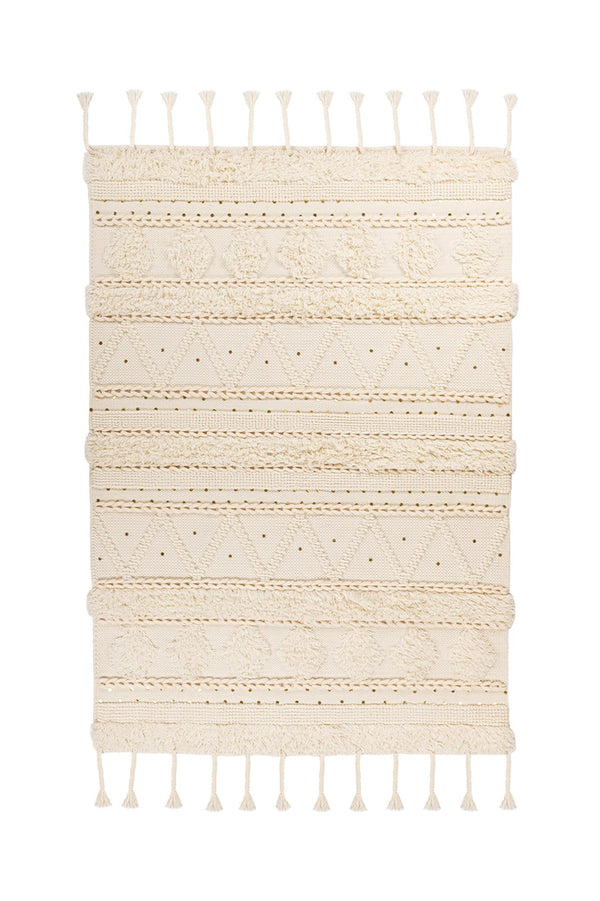 Boho Vloerkleed 160 x 230 cm – Handgemaakt – Crème – Wol & Katoen – Met Gouden Pailletten