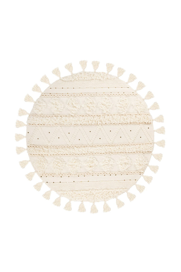 Handgemaakt Rond Boho Vloerkleed – Ø160 cm – Crème – Wol & Katoen – Met Pailletten