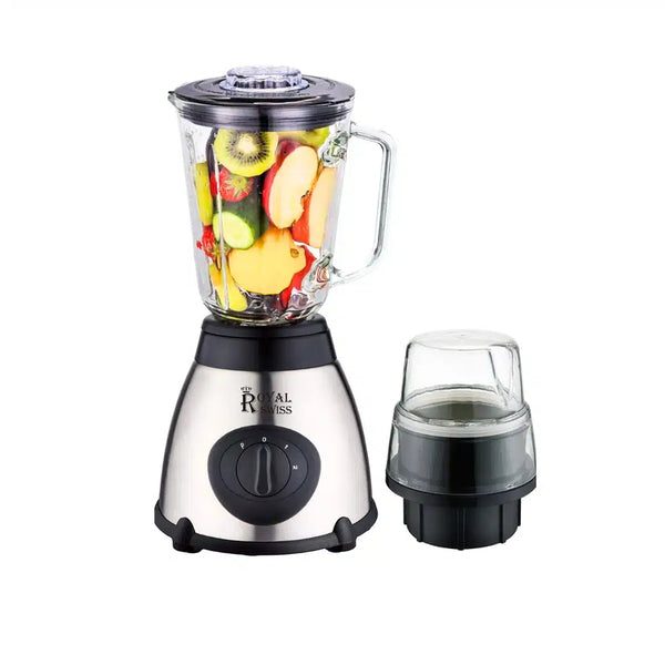 Royal Swiss 2-in-1 Blender 1500 ml Glas + Grinder – 1030W RVS Blender voor Smoothies, Koffie & Noten (2 Snelheden, RVS Messen)