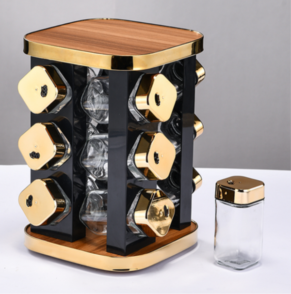 Kruidenrek op 360° Draaibare Stand – 12 Glazen Kruidenpotjes, Goud/Zwart/Hout
