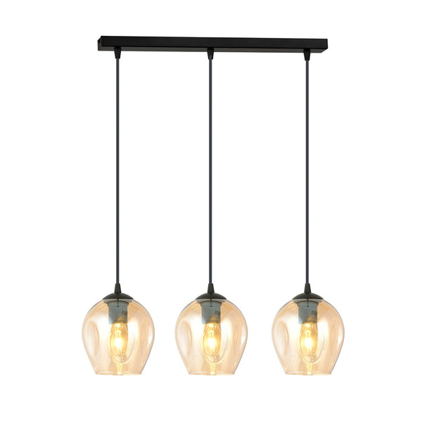 ISTAR 3-Lichts Langwerpige Hanglamp – Zwart Staal met Honingkleurige Glazen Kappen Eettafelmodel