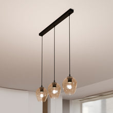 ISTAR 3-Lichts Langwerpige Hanglamp – Zwart Staal met Honingkleurige Glazen Kappen Eettafelmodel