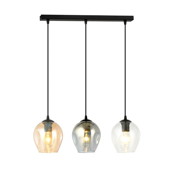 ISTAR 3-Lichts Langwerpige Hanglamp – Zwart Staal met Gemengde Glazen Kappen Eettafelmodel