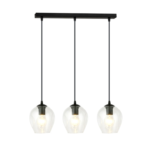 ISTAR 3-Lichts Langwerpige Hanglamp – Zwart Staal met Transparante Glazen Kappen Eettafelmodel