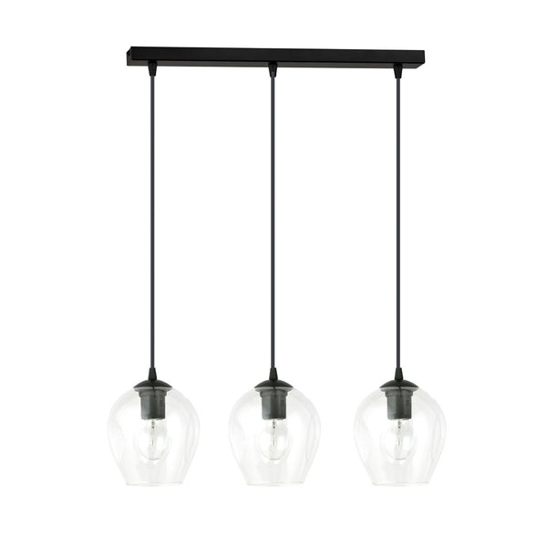 ISTAR 3-Lichts Langwerpige Hanglamp – Zwart Staal met Transparante Glazen Kappen Eettafelmodel