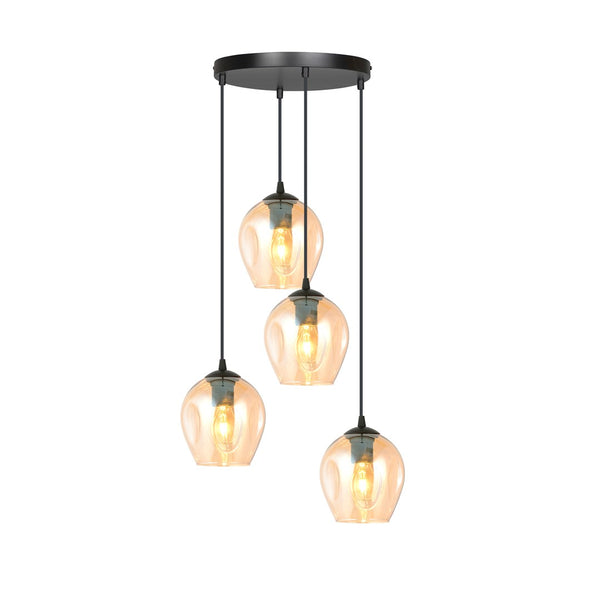 ISTAR 4-Lichts Hanglamp – Zwart Staal met Honingkleurige Glazen Kappen