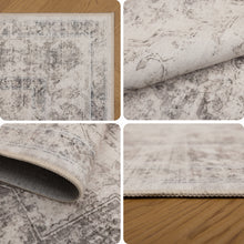 Collage met details van de hoek, plooibaarheid, onderkant en rand van het Inka vloerkleed