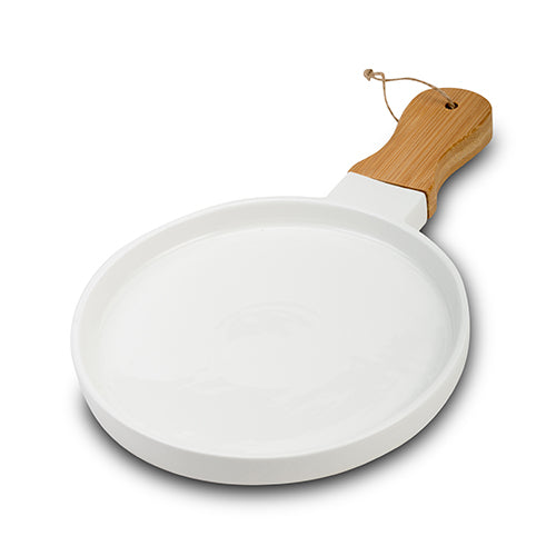 NAVA Ronde Porseleinen Serveerschaal met Bamboe Handvat – 26 cm