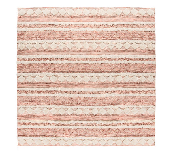 Handgemaakt wollen vloerkleed in Boho-stijl (Roze/Crème, 200 × 200 cm)