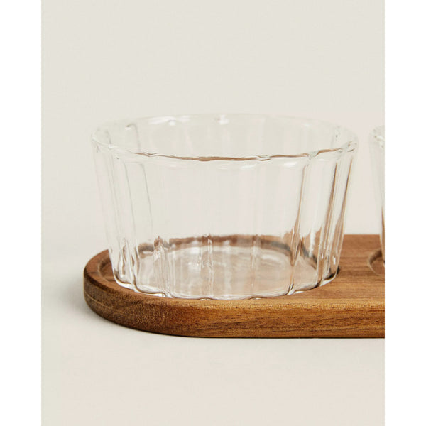 Set van 3 Linea borosilicaatglazen kommen met acacia dienblad – 42 cm