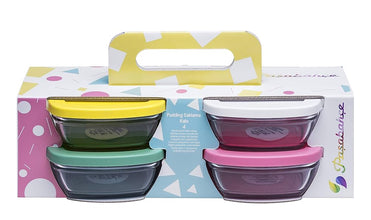 Pasabahce Pudding glazen vershoudkommetjes vierkant – set van 4 stuks met gekleurde deksel 310 ml