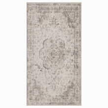 Volledig rechthoekig beige Inka vloerkleed met lichte kern en verweerde grijze randmotieven