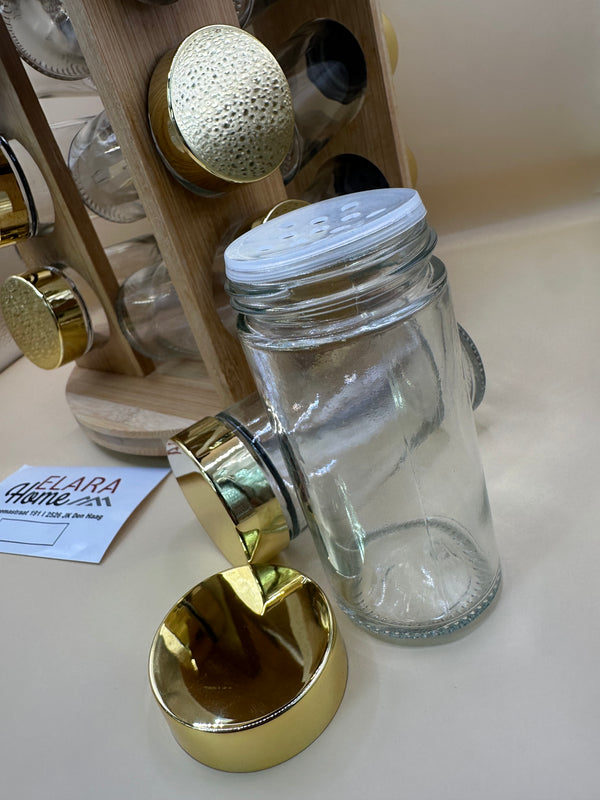Kruidenset op 360° Draaiplateau – 12 Glazen Potjes met Gouden Deksel & Houten Standaard – detailfoto 2