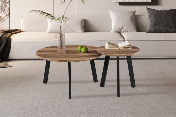 Set van 2 salontafels Aziz mango decor rond – moderne houten koffietafels met metalen poten