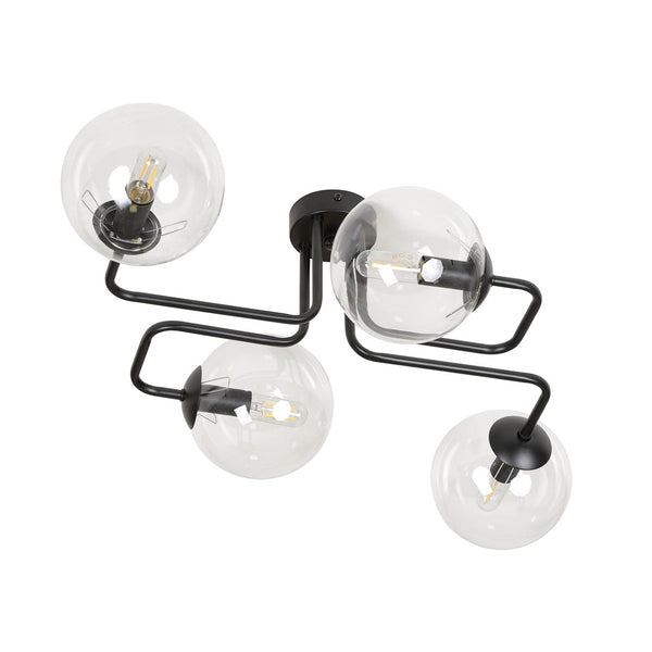 BRENDI 4-Lichts Plafondlamp – Zwart Staal met Transparante Glazen Kappen