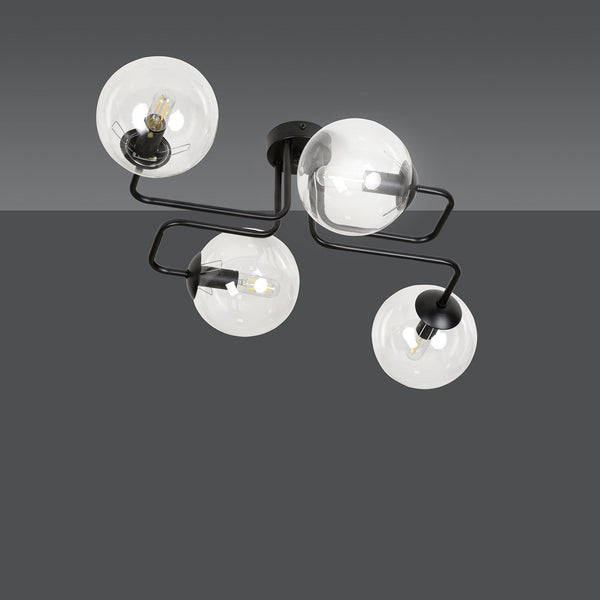 BRENDI 4-Lichts Plafondlamp – Zwart Staal met Transparante Glazen Kappen