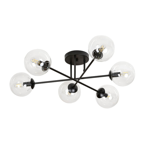 BRENDI 6-Lichts Plafondlamp – Zwart Staal met Transparante Glazen Kappen