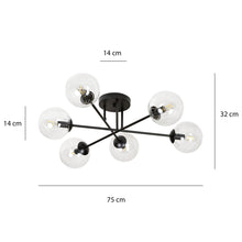 BRENDI 6-Lichts Plafondlamp – Zwart Staal met Transparante Glazen Kappen