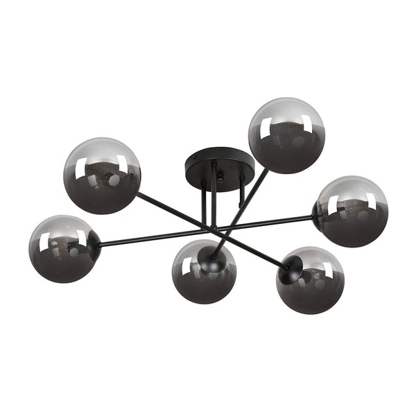 BRENDI 6-Lichts Plafondlamp – Zwart Staal met Smoke Glazen Kappen