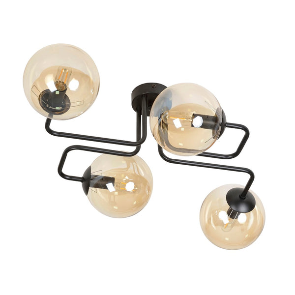 BRENDI 4-Lichts Plafondlamp – Zwart Staal met Honingkleurige Glazen Kappen