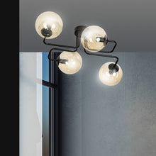 BRENDI 4-Lichts Plafondlamp – Zwart Staal met Honingkleurige Glazen Kappen