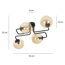 BRENDI 4-Lichts Plafondlamp – Zwart Staal met Honingkleurige Glazen Kappen
