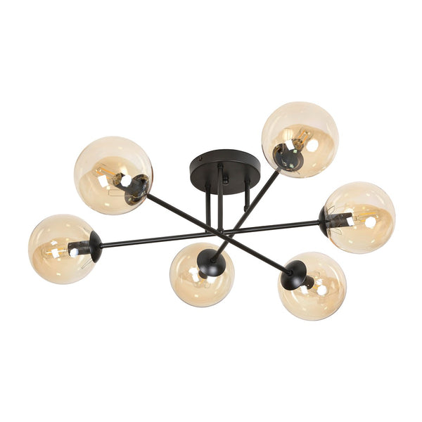 BRENDI 6-Lichts Plafondlamp – Zwart Staal met Honingkleurige Glazen Kappen