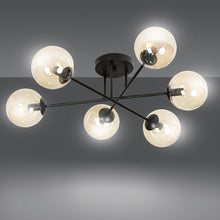 BRENDI 6-Lichts Plafondlamp – Zwart Staal met Honingkleurige Glazen Kappen