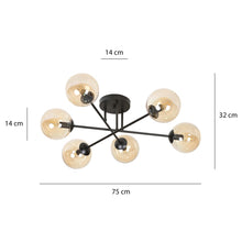 BRENDI 6-Lichts Plafondlamp – Zwart Staal met Honingkleurige Glazen Kappen