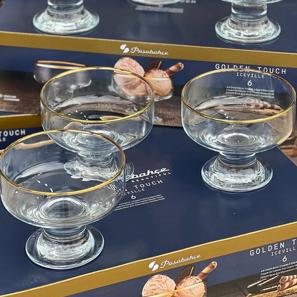 Pasabahce Ice Ville Golden Touch ijscoupes – set van 6 glazen schaaltjes met gouden rand